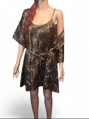 Secret Treasures Black and Gold Lace-Slip Dress & silk Robe